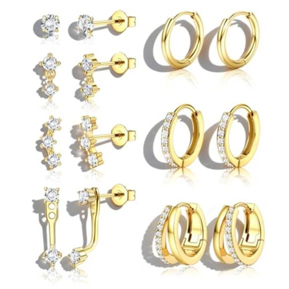 Gold Hoop Stud Earrings Set Hypoallergenic Huggie CZ Cartilage Stack Jewelry